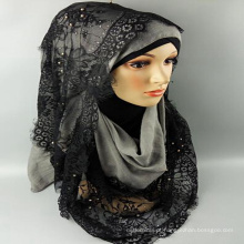 Moda de alta qualidade mulheres head wear impresso poliéster lace elegante muçulmano hijab senhora estilo árabe hijab atacado hijab preto